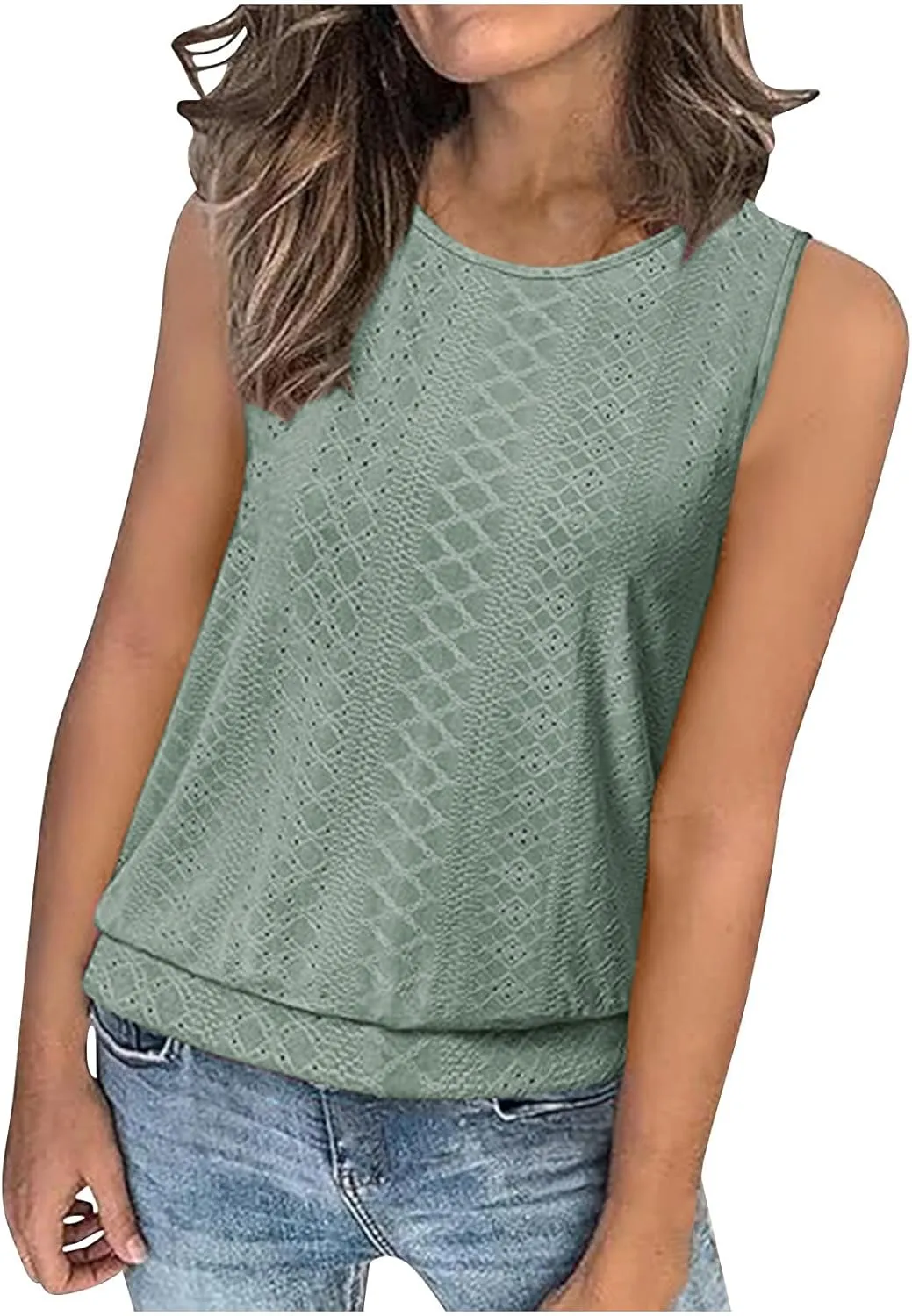 JOAU Womens Tank Tops Loose Casual Round Neck Sleeveless Summer Shirts Eyelet Embroidery Blouse Trendy Vacation Clothes 2025
