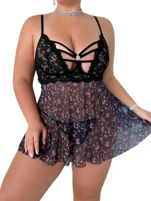 JuicyRose Women Plus Size Lace Lingerie Flower Print Nightwear Hollow Out Babydoll Chemise Sleepwear