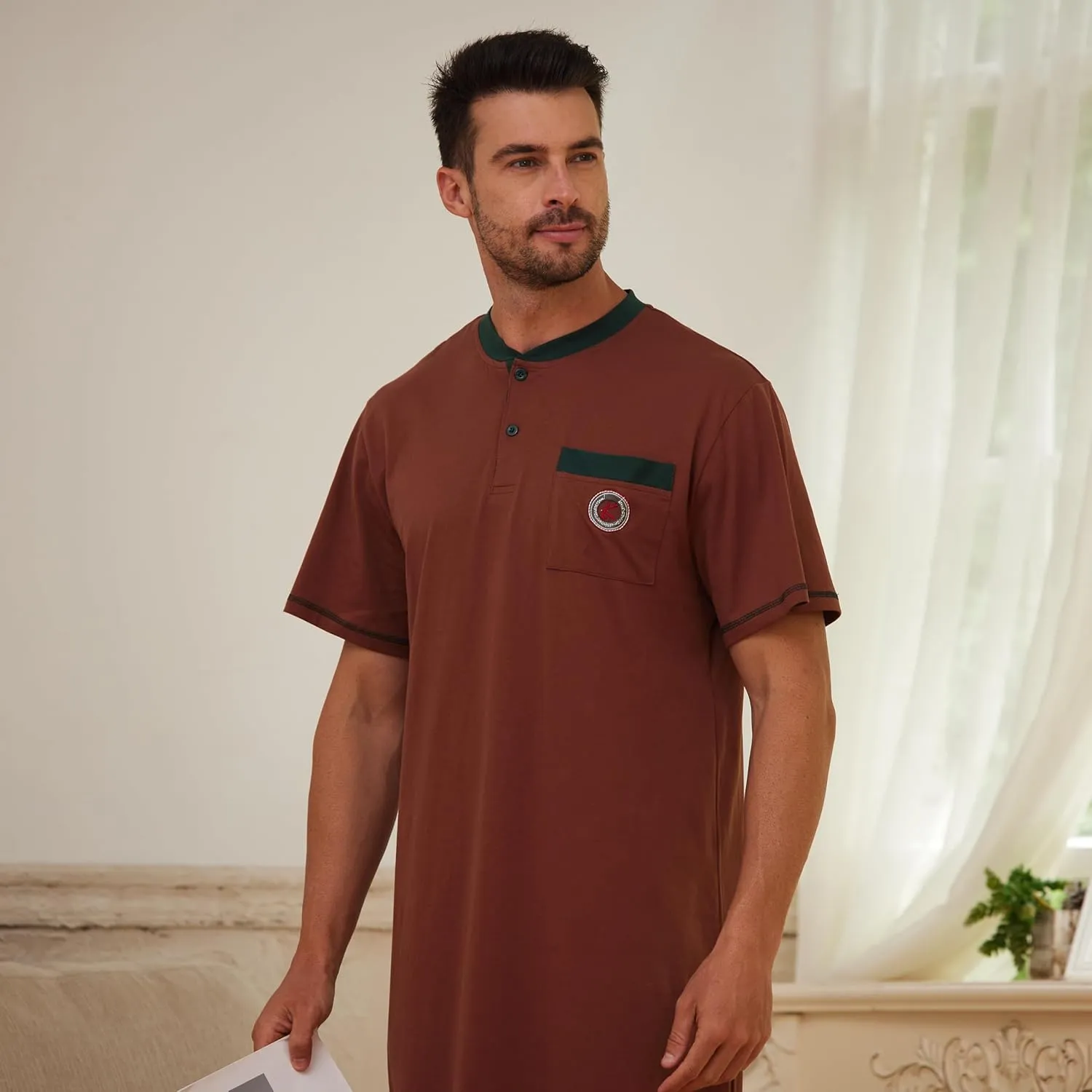 Keyocean Men Nightshirt, 100% Cotton Soft Comfy Short Sleeves Henley Neck Sleeping Loungewear