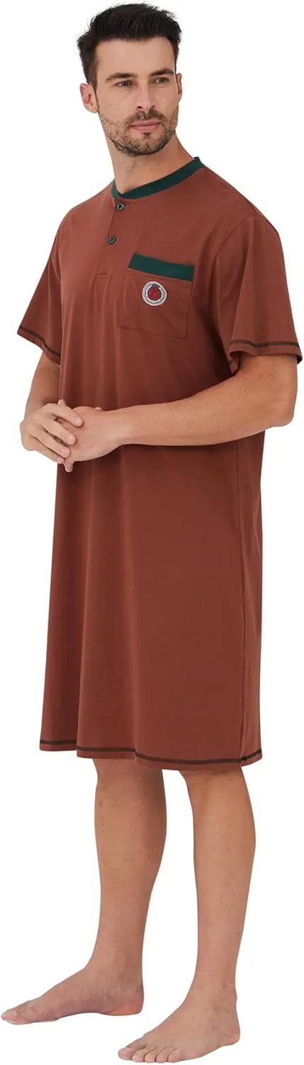 Keyocean Men Nightshirt, 100% Cotton Soft Comfy Short Sleeves Henley Neck Sleeping Loungewear