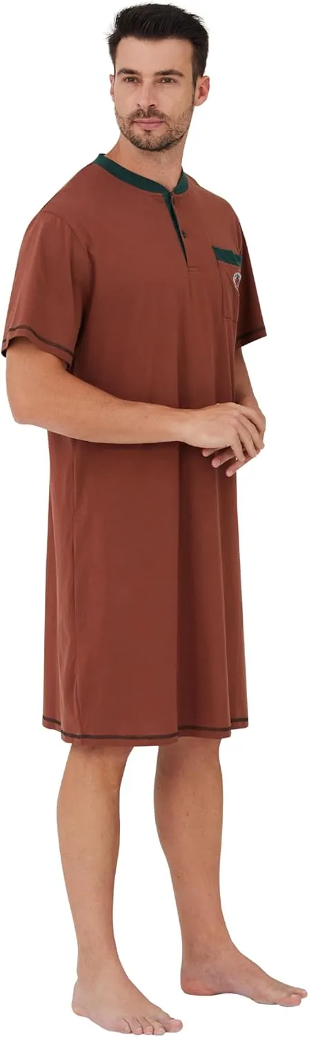 Keyocean Men Nightshirt, 100% Cotton Soft Comfy Short Sleeves Henley Neck Sleeping Loungewear