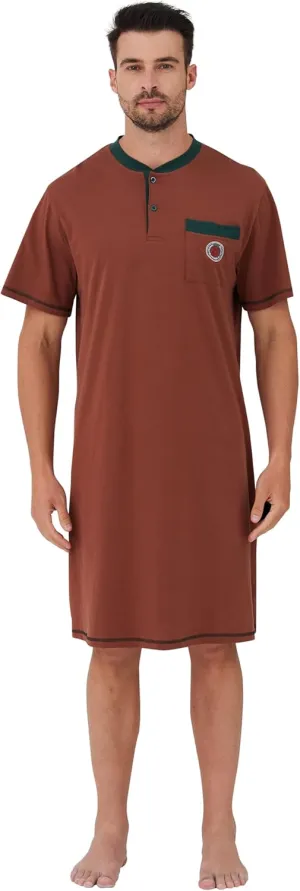 Keyocean Men Nightshirt, 100% Cotton Soft Comfy Short Sleeves Henley Neck Sleeping Loungewear