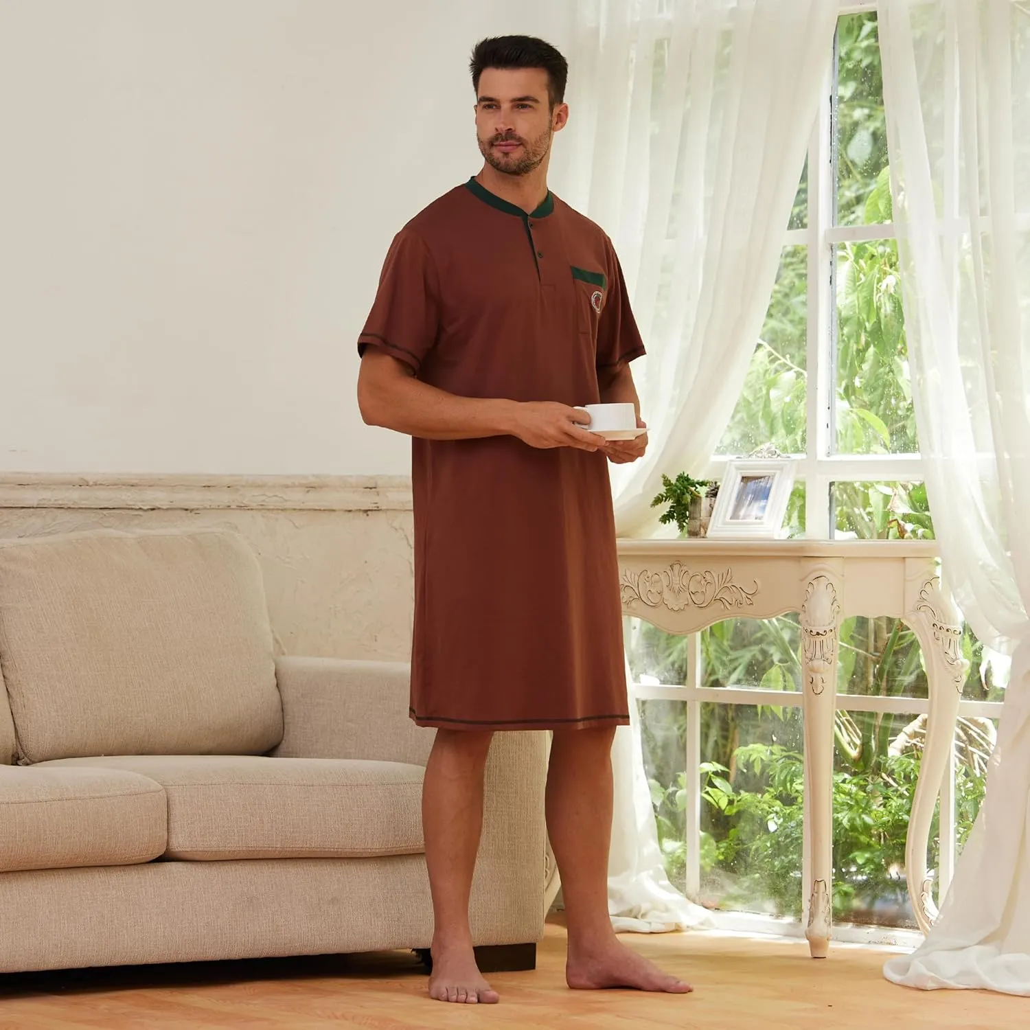Keyocean Men Nightshirt, 100% Cotton Soft Comfy Short Sleeves Henley Neck Sleeping Loungewear
