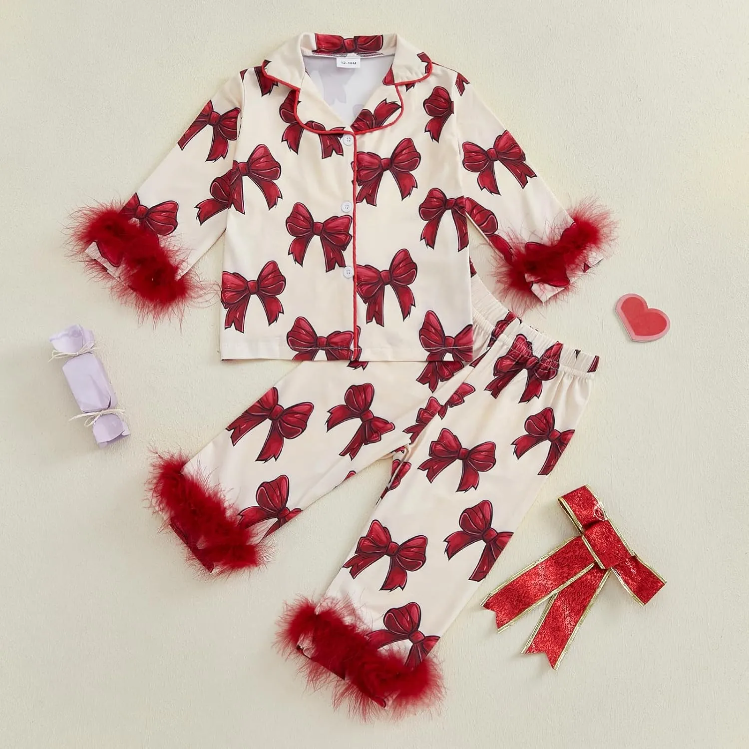 Kuriozud Toddler Kids Little Girls Easter Satin Pajamas Egg Bow Print Feather Trim Sleeve Button Down Sleepwear Pjs Set
