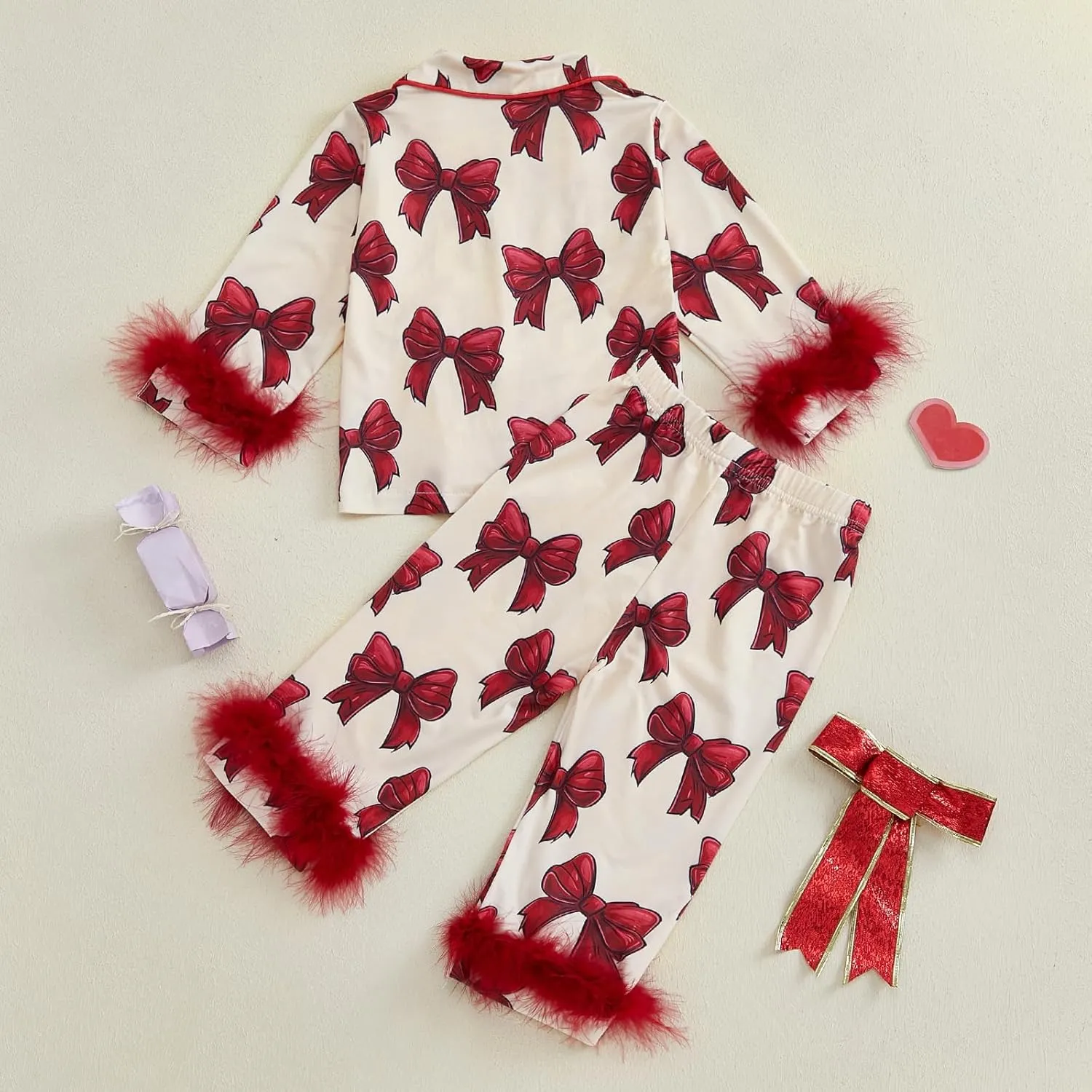 Kuriozud Toddler Kids Little Girls Easter Satin Pajamas Egg Bow Print Feather Trim Sleeve Button Down Sleepwear Pjs Set