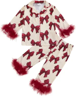 Kuriozud Toddler Kids Little Girls Easter Satin Pajamas Egg Bow Print Feather Trim Sleeve Button Down Sleepwear Pjs Set