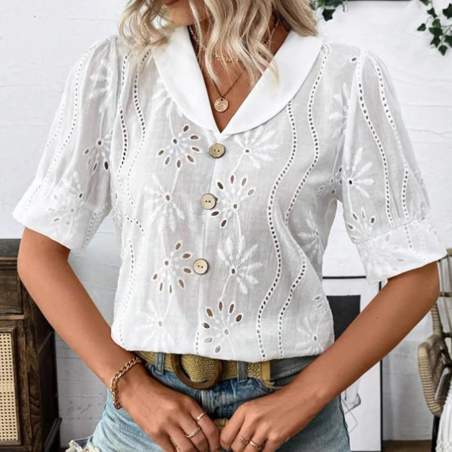 Lace Embroidered Shirts Button Up Hollow Out Eyelet Blouses Women Dressy Casual V Neck Short Sleeve Summer Tops Tees