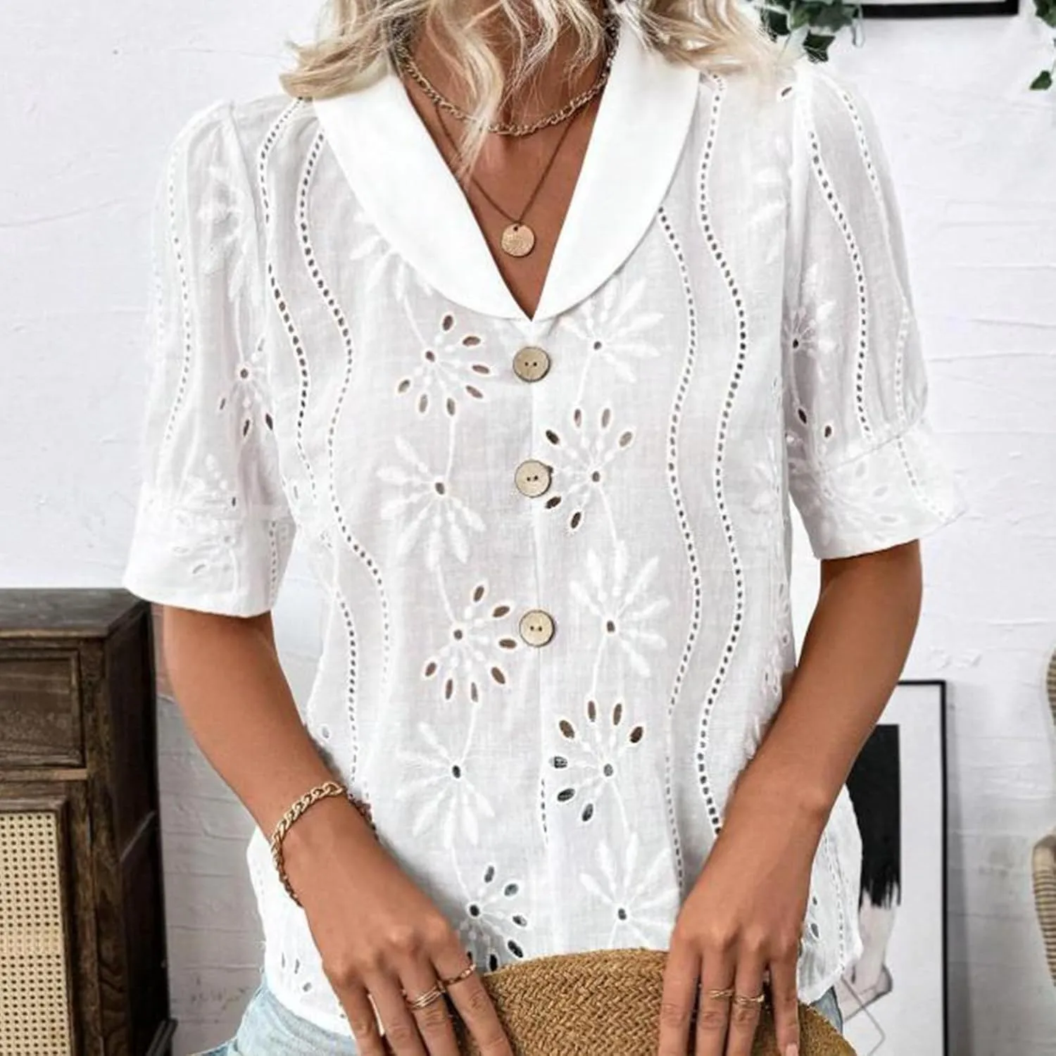 Lace Embroidered Shirts Button Up Hollow Out Eyelet Blouses Women Dressy Casual V Neck Short Sleeve Summer Tops Tees