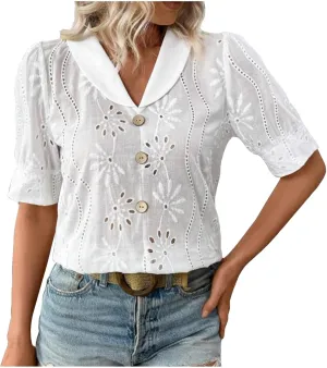 Lace Embroidered Shirts Button Up Hollow Out Eyelet Blouses Women Dressy Casual V Neck Short Sleeve Summer Tops Tees
