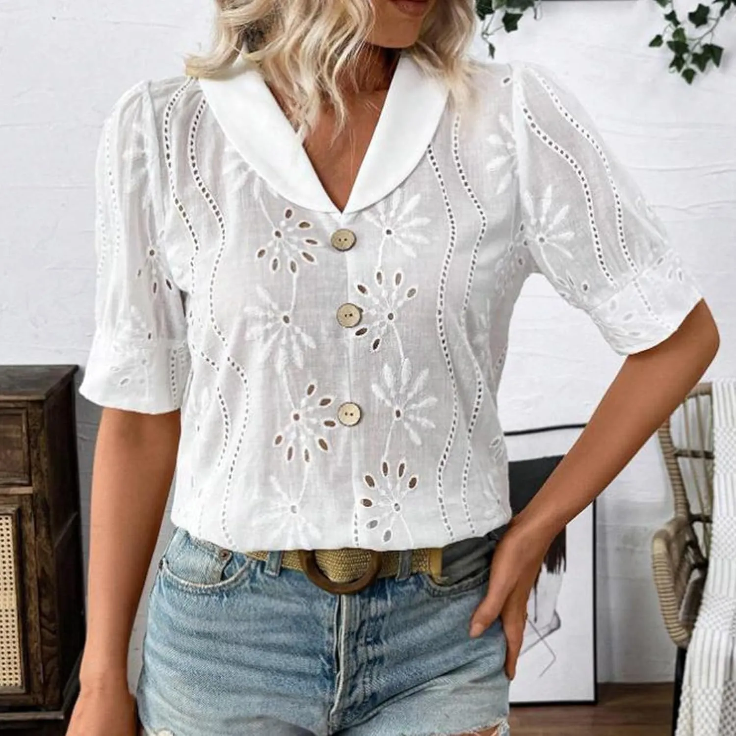 Lace Embroidered Shirts Button Up Hollow Out Eyelet Blouses Women Dressy Casual V Neck Short Sleeve Summer Tops Tees