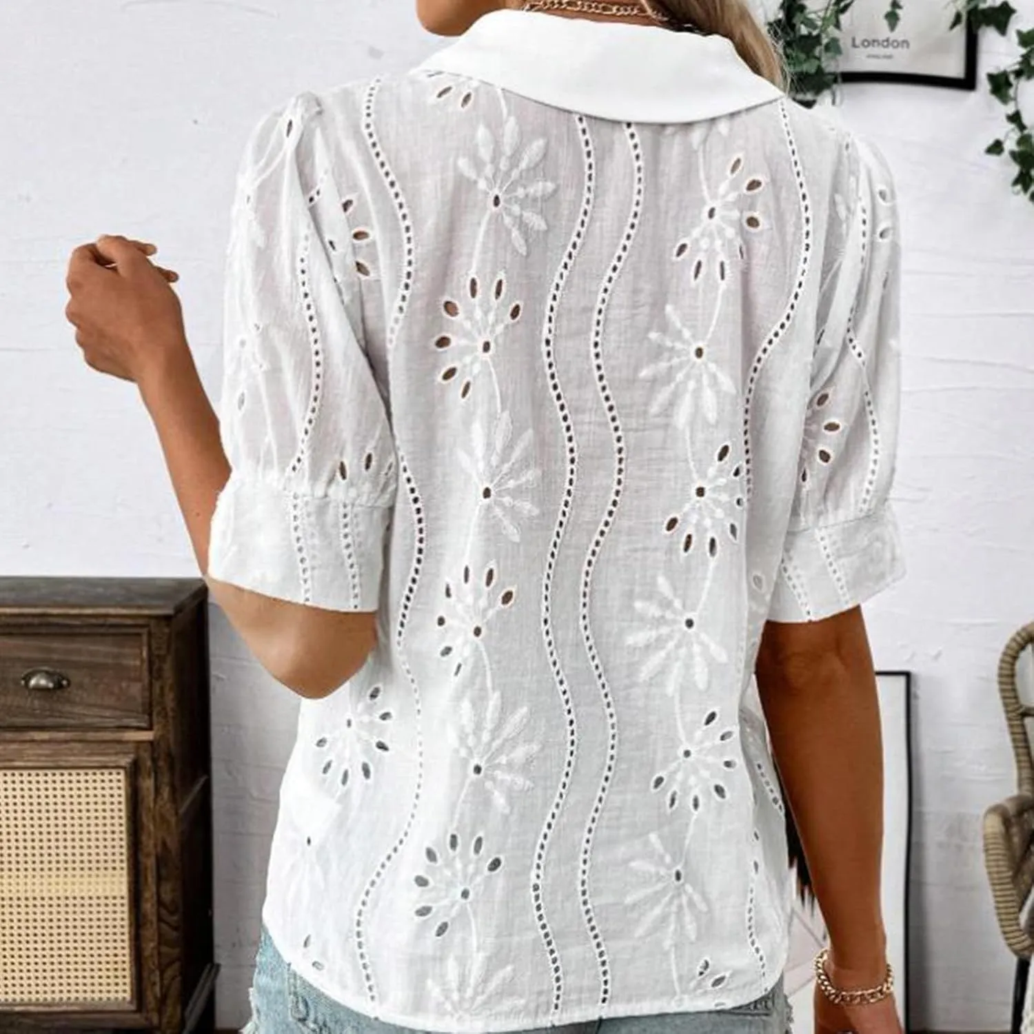 Lace Embroidered Shirts Button Up Hollow Out Eyelet Blouses Women Dressy Casual V Neck Short Sleeve Summer Tops Tees