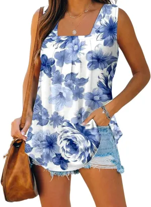 Lastesso Women's Tank Tops Fashion Retro Flower Print Smocked Front Shirts Casual Square Neck Sleeveless Tops Summer Tanks