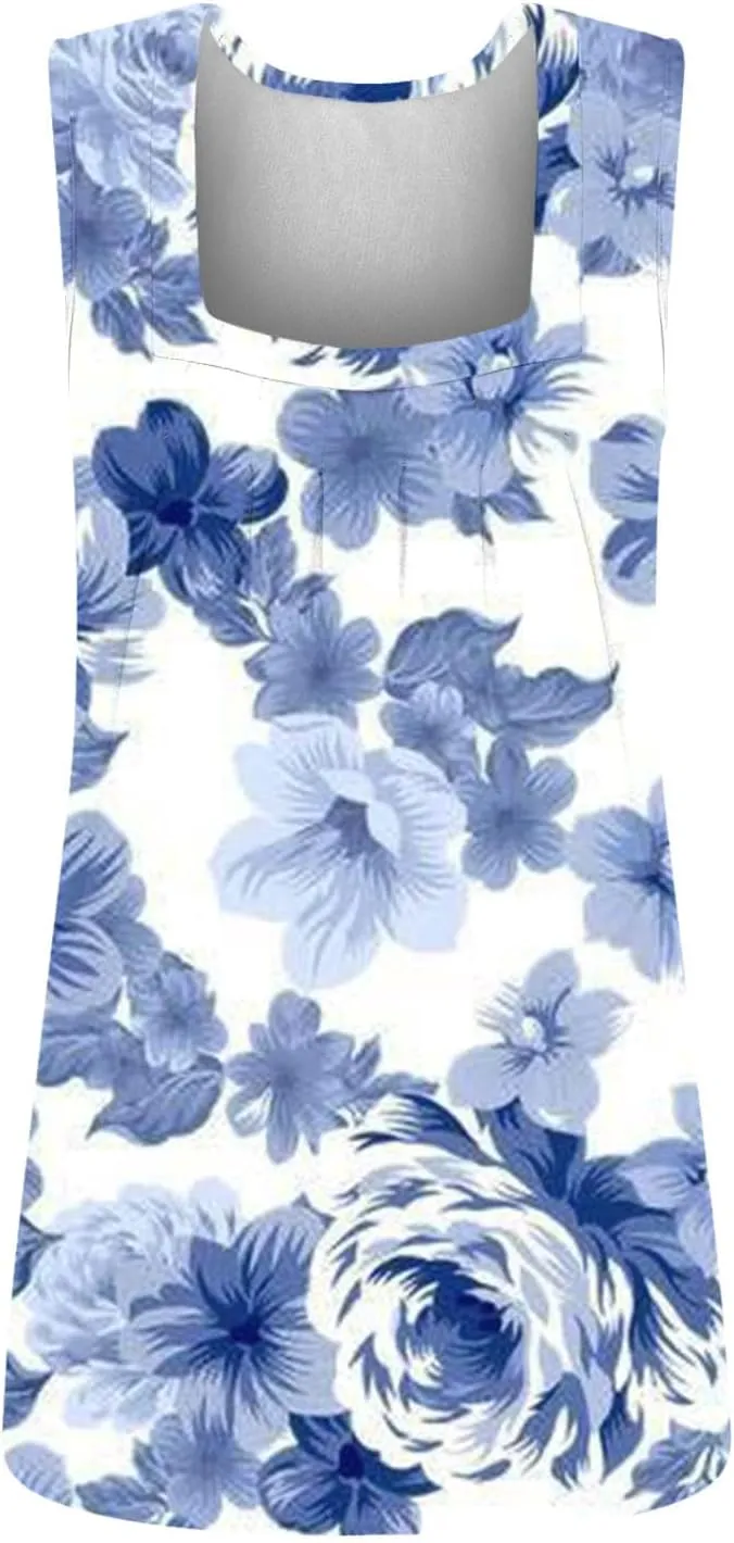 Lastesso Women's Tank Tops Fashion Retro Flower Print Smocked Front Shirts Casual Square Neck Sleeveless Tops Summer Tanks