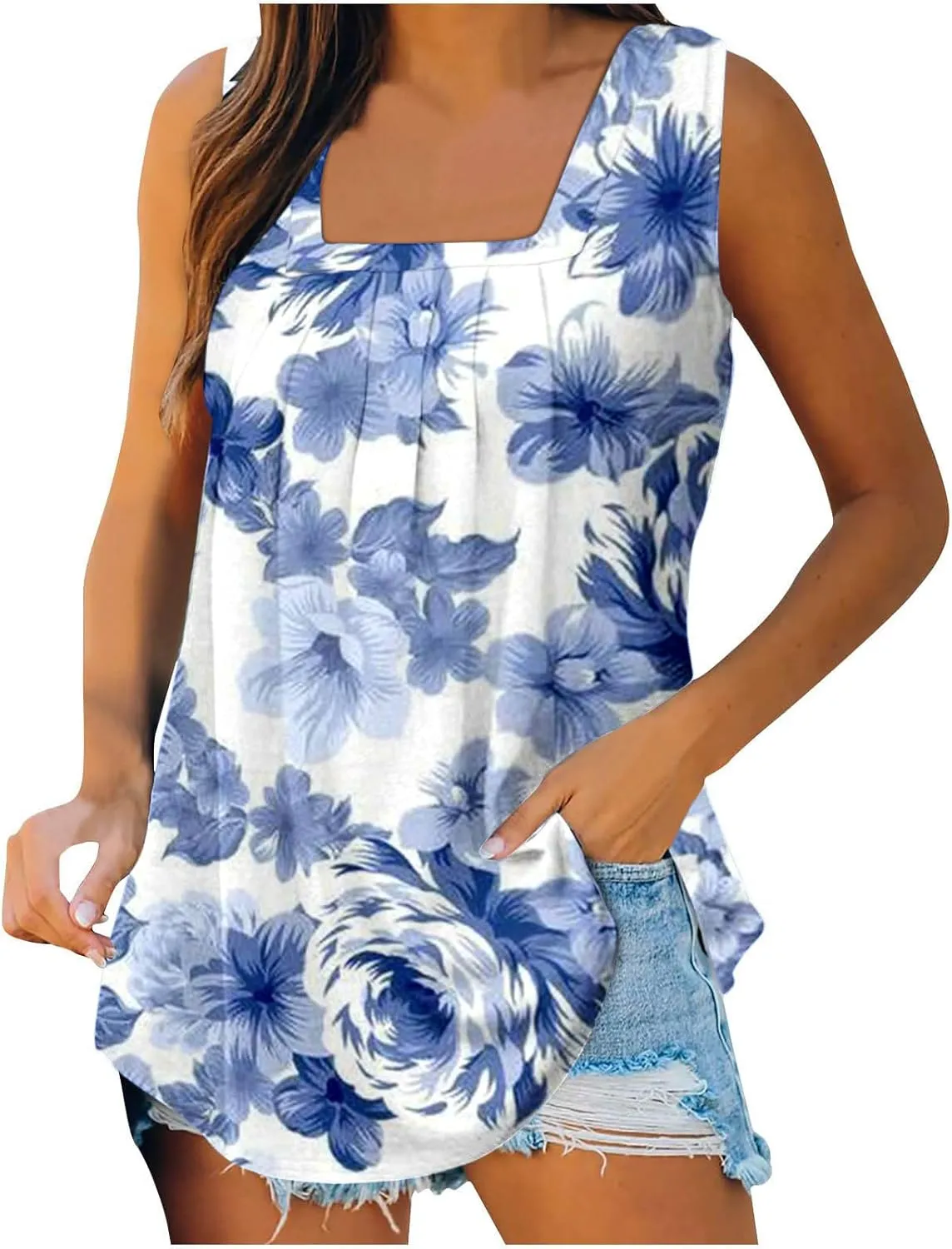 Lastesso Women's Tank Tops Fashion Retro Flower Print Smocked Front Shirts Casual Square Neck Sleeveless Tops Summer Tanks