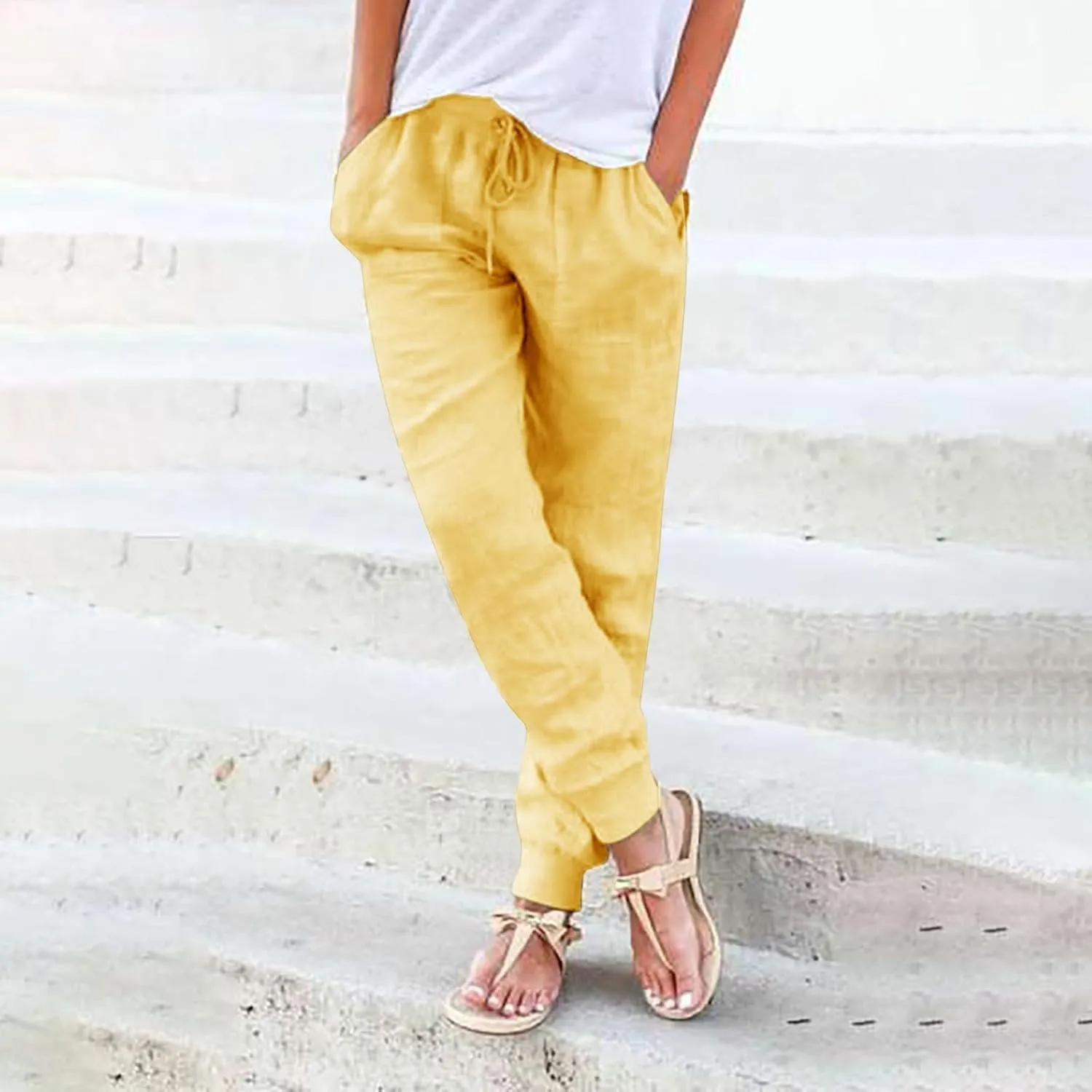 Linen Joggers for Women Tapered Ankle Pants Wide Leg Cargo Pants Drawstring Elastic Waist Casual Slacks with Pockets