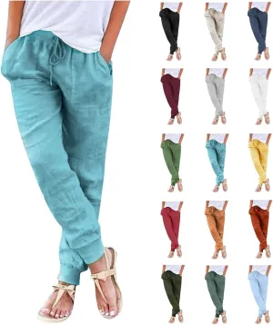Linen Joggers for Women Tapered Ankle Pants Wide Leg Cargo Pants Drawstring Elastic Waist Casual Slacks with Pockets