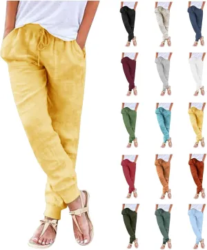 Linen Joggers for Women Tapered Ankle Pants Wide Leg Cargo Pants Drawstring Elastic Waist Casual Slacks with Pockets