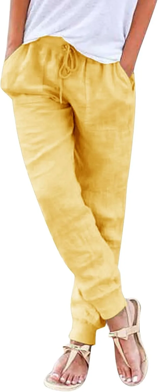Linen Joggers for Women Tapered Ankle Pants Wide Leg Cargo Pants Drawstring Elastic Waist Casual Slacks with Pockets