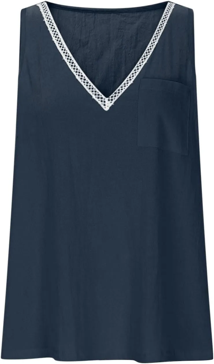 Linen Sleeveless Tank Tops for Women Lace Trim V Neck Basic Summer Blouse Cute Loose Tunic Shirts