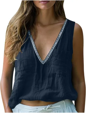 Linen Sleeveless Tank Tops for Women Lace Trim V Neck Basic Summer Blouse Cute Loose Tunic Shirts