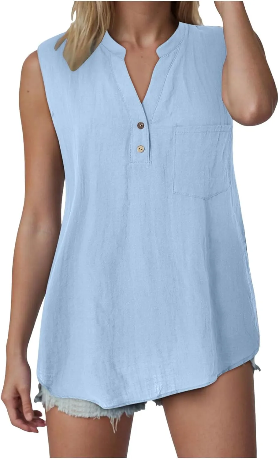 Linen Tank Tops for Women Loose Fit Summer Tops Trendy Sleeveless Casual Button V Neck Tunic Blouses Outfits 2025