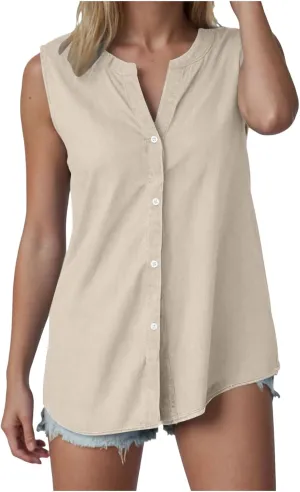 Linen Tank Tops for Women Loose Fit Summer Tops Trendy Sleeveless Casual Button V Neck Tunic Blouses Outfits 2025