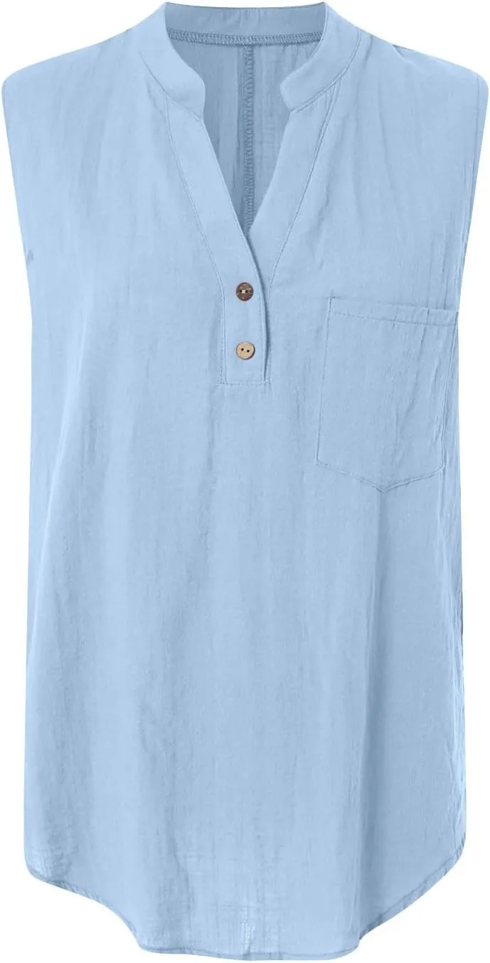 Linen Tank Tops for Women Loose Fit Summer Tops Trendy Sleeveless Casual Button V Neck Tunic Blouses Outfits 2025