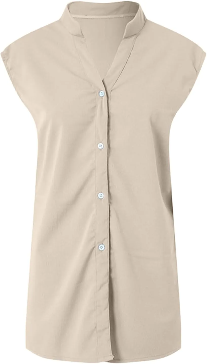 Linen Tank Tops for Women Loose Fit Summer Tops Trendy Sleeveless Casual Button V Neck Tunic Blouses Outfits 2025