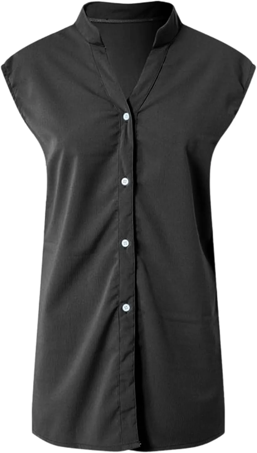 Linen Tank Tops for Women Loose Fit Summer Tops Trendy Sleeveless Casual Button V Neck Tunic Blouses Outfits 2025