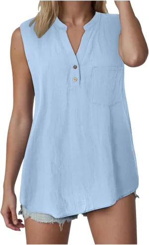 Linen Tank Tops for Women Loose Fit Summer Tops Trendy Sleeveless Casual Button V Neck Tunic Blouses Outfits 2025