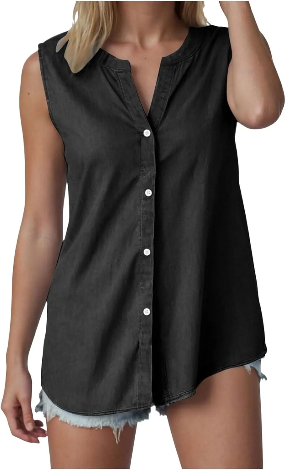 Linen Tank Tops for Women Loose Fit Summer Tops Trendy Sleeveless Casual Button V Neck Tunic Blouses Outfits 2025