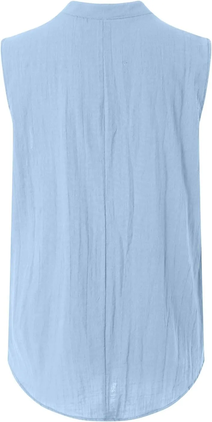 Linen Tank Tops for Women Loose Fit Summer Tops Trendy Sleeveless Casual Button V Neck Tunic Blouses Outfits 2025