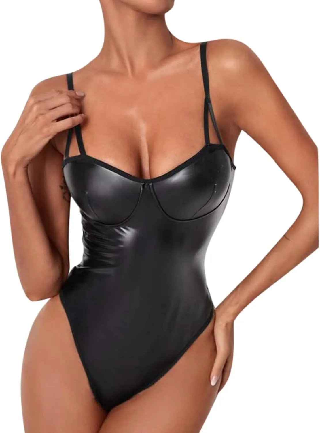 Lingerie Set for Women Sexy Naughty Teddies Patent Leather Bodysuit Halter Neck Open Front Backless Lace Up Nightwear