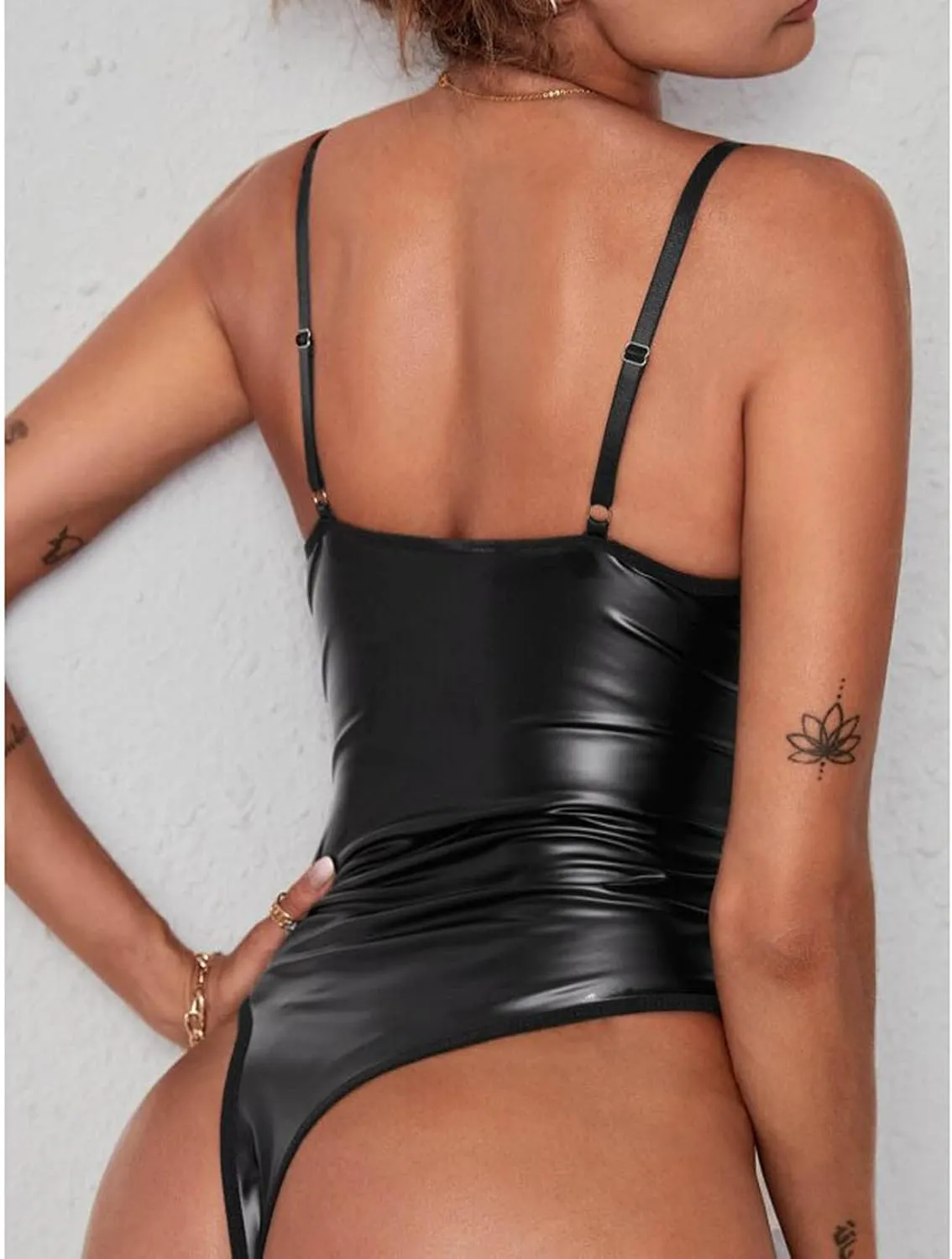 Lingerie Set for Women Sexy Naughty Teddies Patent Leather Bodysuit Halter Neck Open Front Backless Lace Up Nightwear