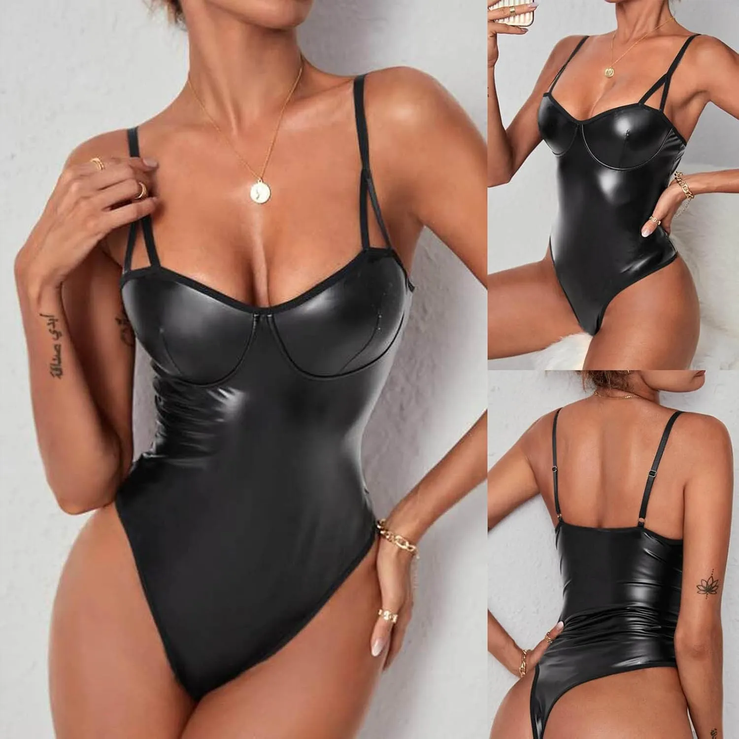 Lingerie Set for Women Sexy Naughty Teddies Patent Leather Bodysuit Halter Neck Open Front Backless Lace Up Nightwear