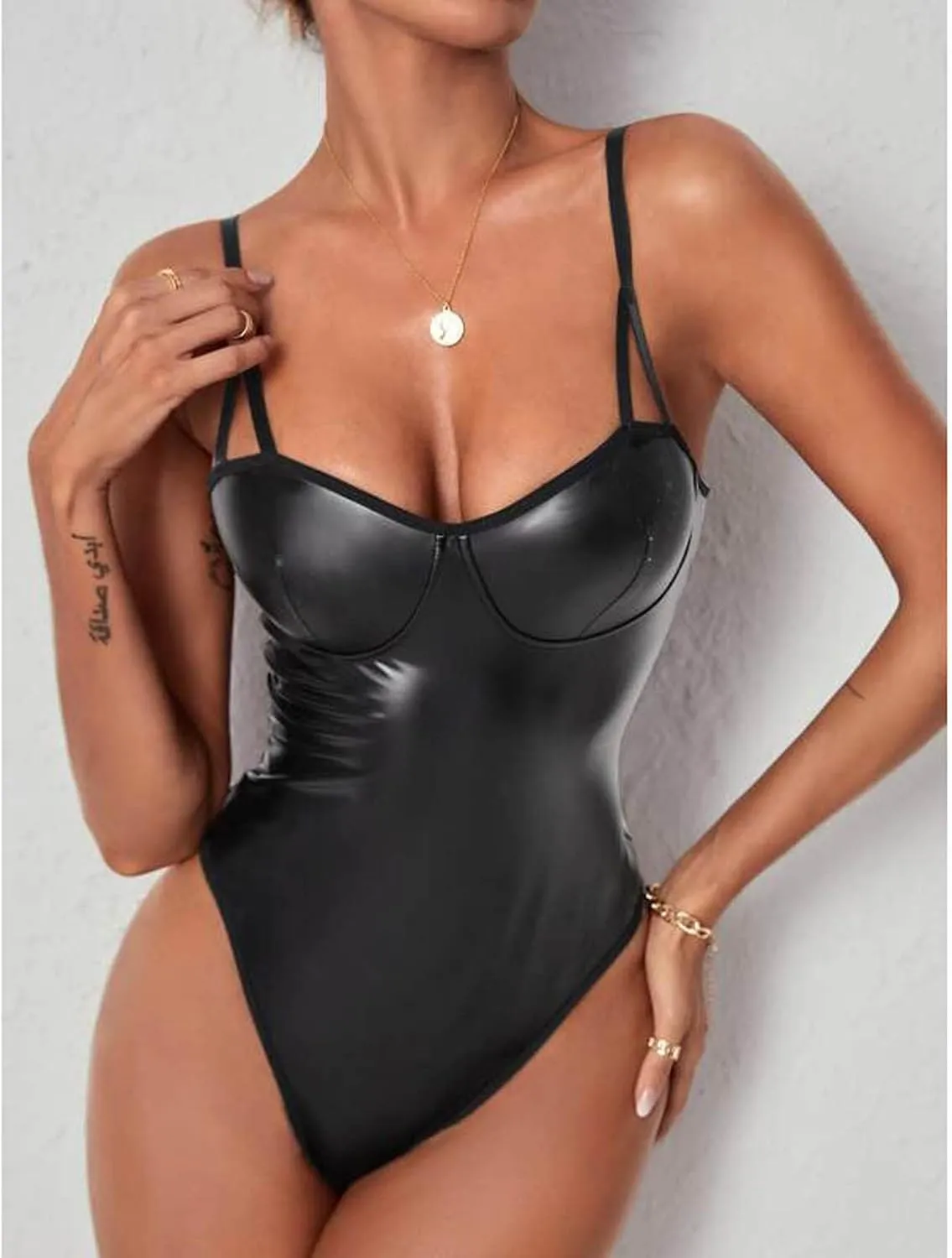 Lingerie Set for Women Sexy Naughty Teddies Patent Leather Bodysuit Halter Neck Open Front Backless Lace Up Nightwear