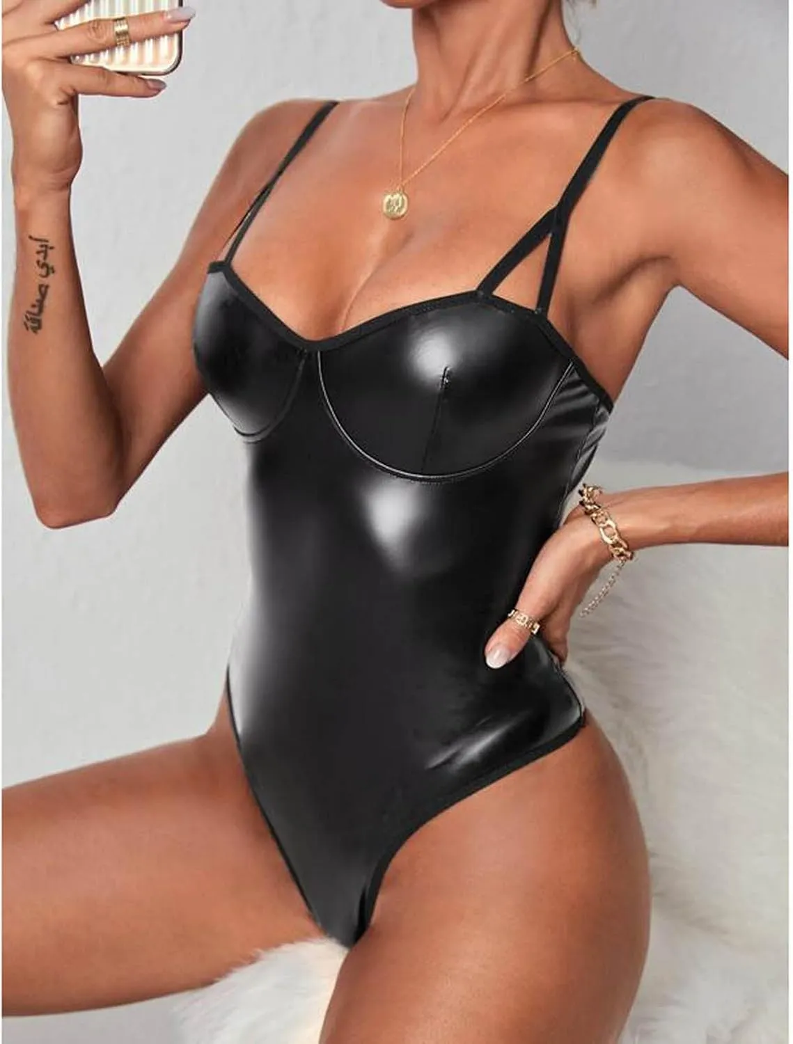 Lingerie Set for Women Sexy Naughty Teddies Patent Leather Bodysuit Halter Neck Open Front Backless Lace Up Nightwear