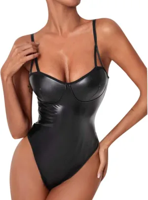 Lingerie Set for Women Sexy Naughty Teddies Patent Leather Bodysuit Halter Neck Open Front Backless Lace Up Nightwear