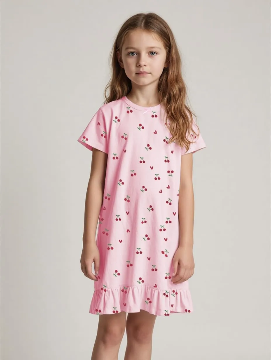 Little Hand Girls Summer Nightgowns Butterfly Mermaid Cherry Nightdress for Kid Sleepwear Short Sleeve Sleepdress 2-10 Years