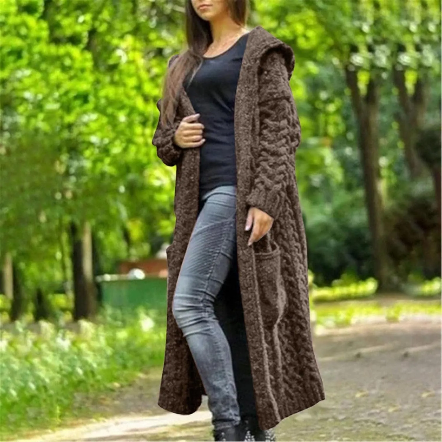 Long Cardigan for Women Long Sleeve Cable Knit Loose Plain Fall Winter Hooded Trench Coat with Pocket Overcoat With Hood