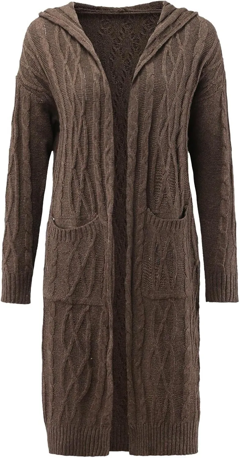 Long Cardigan for Women Long Sleeve Cable Knit Loose Plain Fall Winter Hooded Trench Coat with Pocket Overcoat With Hood