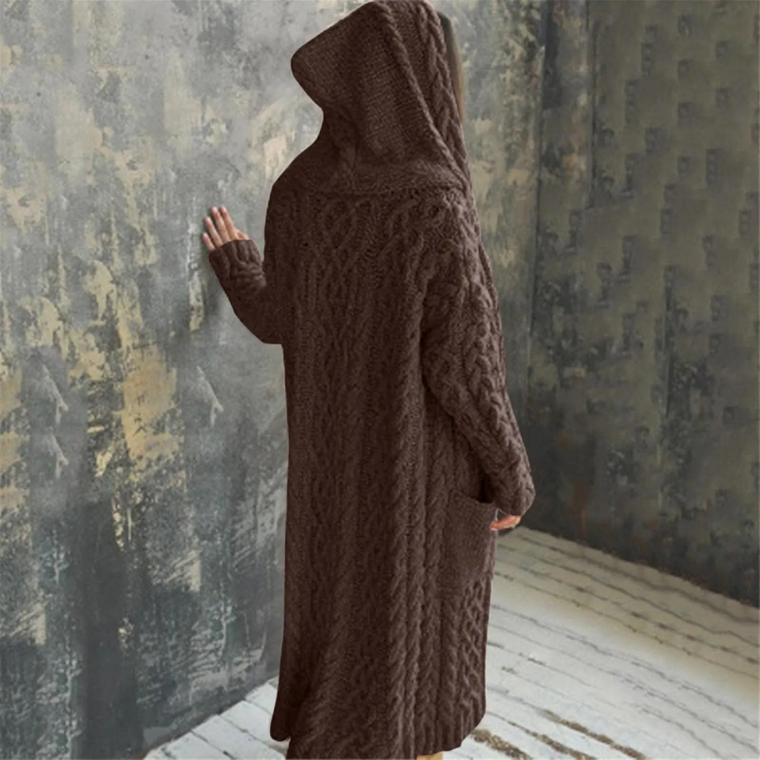 Long Cardigan for Women Long Sleeve Cable Knit Loose Plain Fall Winter Hooded Trench Coat with Pocket Overcoat With Hood