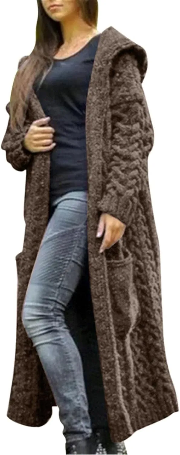 Long Cardigan for Women Long Sleeve Cable Knit Loose Plain Fall Winter Hooded Trench Coat with Pocket Overcoat With Hood