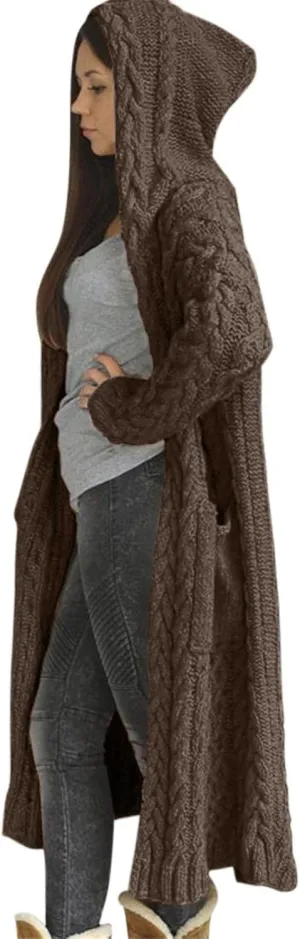 Long Cardigan for Women Long Sleeve Cable Knit Loose Plain Fall Winter Hooded Trench Coat with Pocket Overcoat With Hood