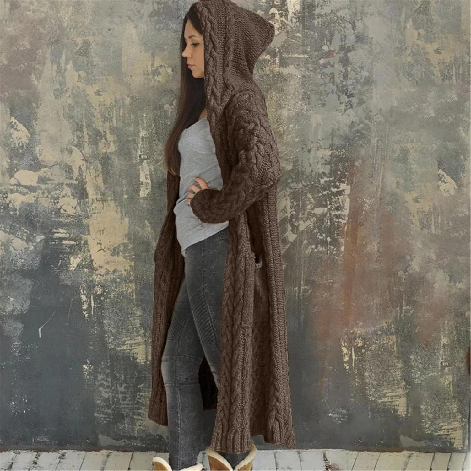 Long Cardigan for Women Long Sleeve Cable Knit Loose Plain Fall Winter Hooded Trench Coat with Pocket Overcoat With Hood