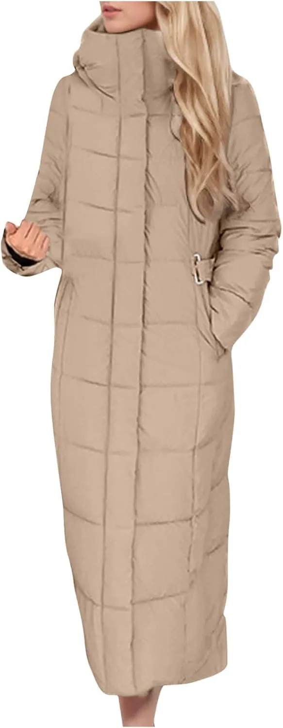 Long Puffer Jacket for Women Stand Collar Zipper Down Coats Hooded Maxi Length Trench Coat 2024 Winter Thickened Jacket