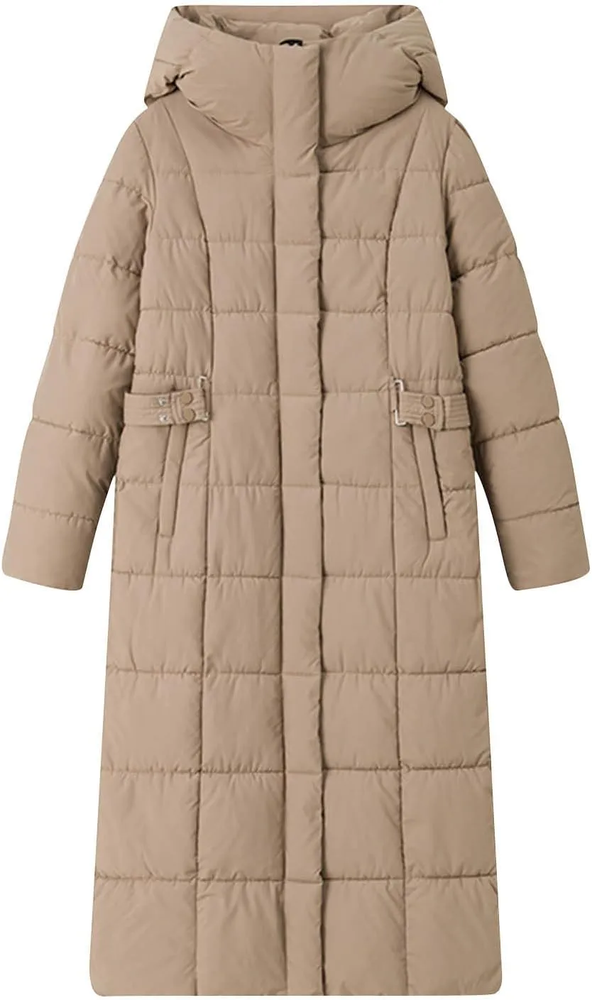 Long Puffer Jacket for Women Stand Collar Zipper Down Coats Hooded Maxi Length Trench Coat 2024 Winter Thickened Jacket