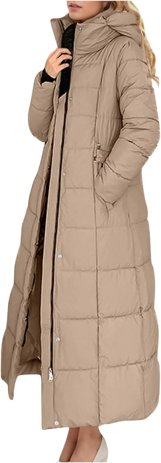 Long Puffer Jacket for Women Stand Collar Zipper Down Coats Hooded Maxi Length Trench Coat 2024 Winter Thickened Jacket