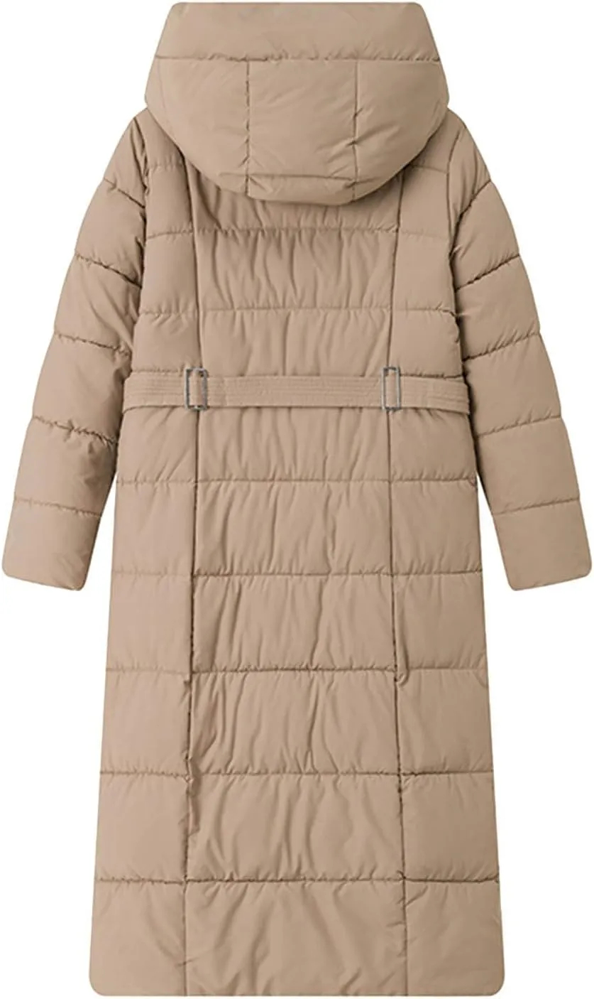 Long Puffer Jacket for Women Stand Collar Zipper Down Coats Hooded Maxi Length Trench Coat 2024 Winter Thickened Jacket