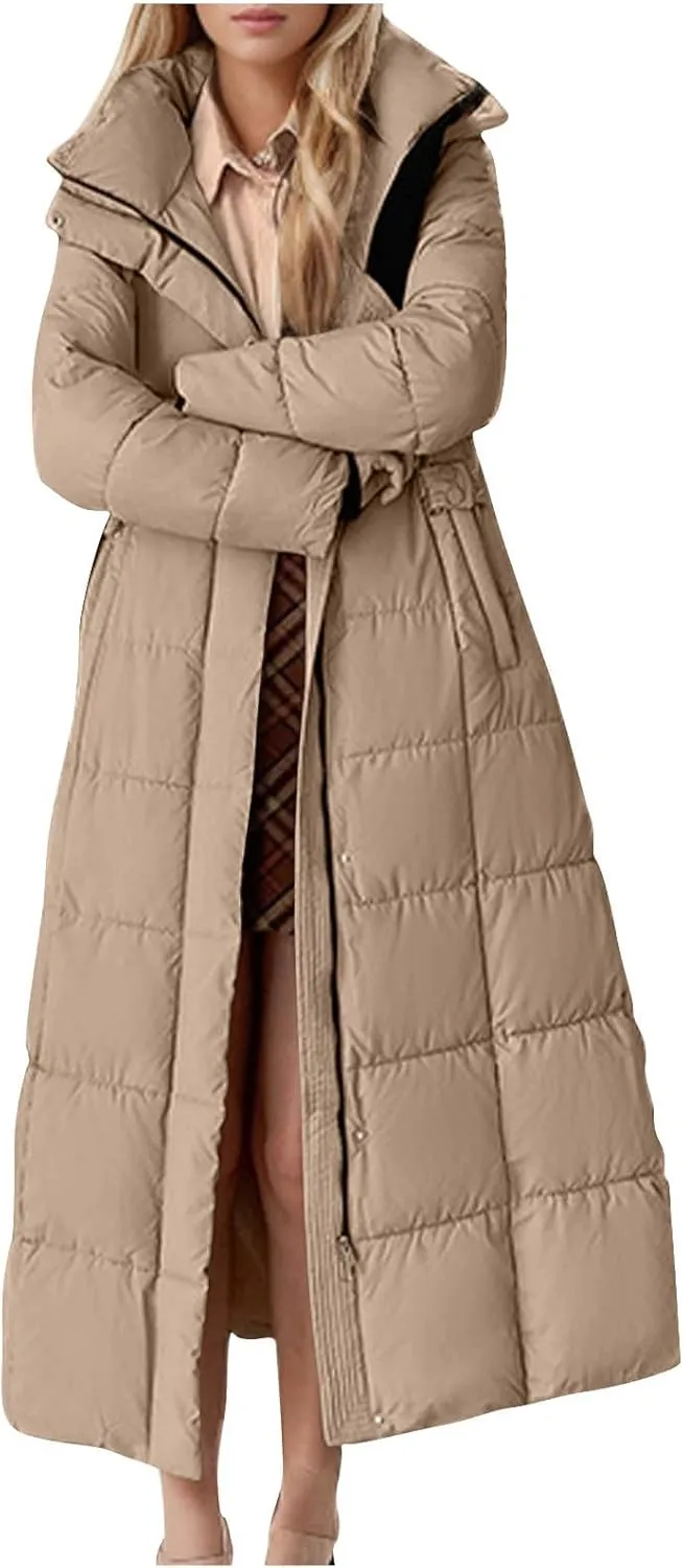 Long Puffer Jacket for Women Stand Collar Zipper Down Coats Hooded Maxi Length Trench Coat 2024 Winter Thickened Jacket